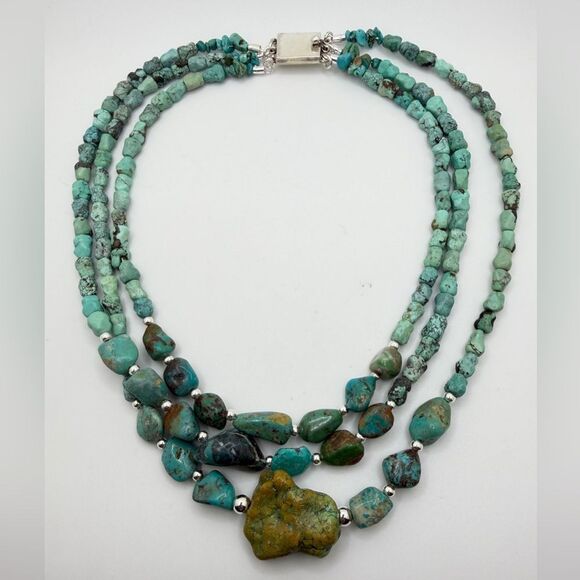 Taxco Jewelry - 18"-22" Three strands of turquoise and 925 beaded necklace w/ VTG TAXCO clasp!